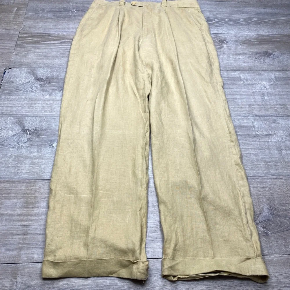 Inserch Linen Pleated Trousers Mens 38 Tan Wide Leg Cuffed Summer Dress Pants